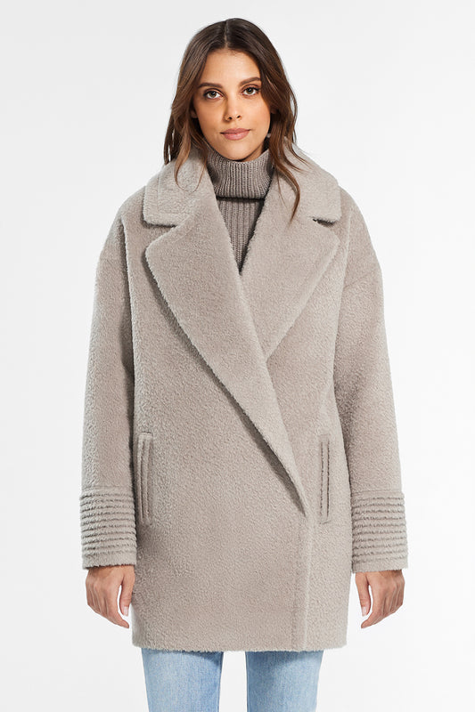 Sentaler Bouclé Alpaca Mid Length Oversized Notched Collar Coat featured in Bouclé Alpaca and available in Sand. Seen above the knee.