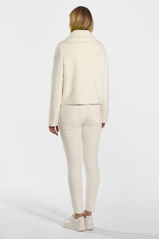 Sentaler Bouclé Alpaca Moto Jacket with Signature Double Collar featured in Bouclé Alpaca and available in Ivory. Seen from back on model.