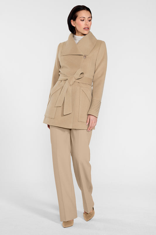 Sentaler Cropped Wide Collar Wrap Coat featured in Baby Alpaca and available in Camel. Seen from front on female model wearing the coat belted and buttoned.