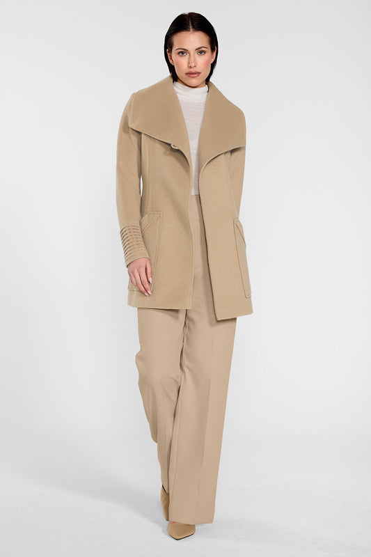 Sentaler Cropped Wide Collar Wrap Coat featured in Baby Alpaca and available in Camel. Seen from side on female model wearing the coat open.