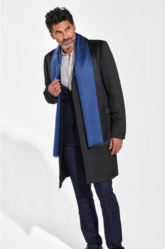 Sentaler Double Sided Suri Alpaca Scarf featured in Suri Alpaca and available in Black-Blue. Seen from front on model.