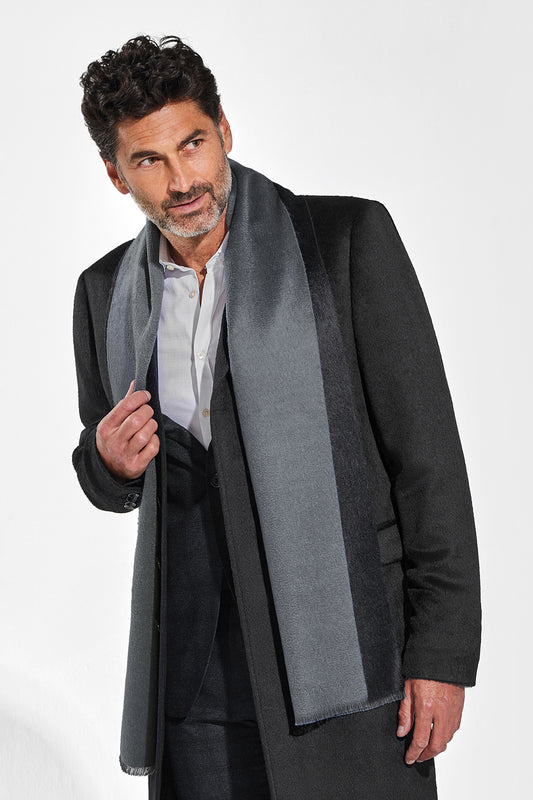 Sentaler Double Sided Suri Alpaca Scarf featured in Suri Alpaca and available in Black-Charcoal. Seen from front close up on model.