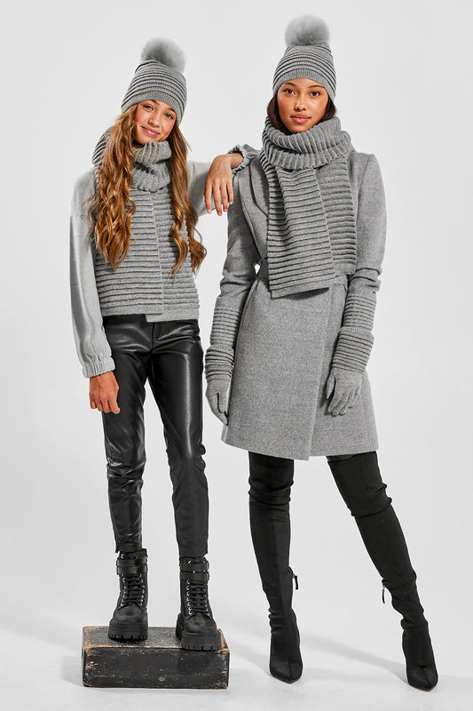 Sentaler Kids (6-14 Years) Ribbed Accessories featured in Baby Alpaca and available in Grey. Seen as adult & kid from front.