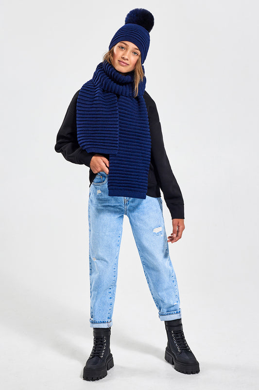 Sentaler Kids (6-14 Years) Ribbed Hat with Oversized Fur Pompon featured in Baby Alpaca and available in Navy. Seen from front.