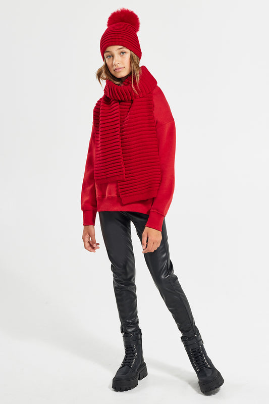 Sentaler Kids (6-14 Years) Ribbed Hat with Oversized Fur Pompon featured in Baby Alpaca and available in Red. Seen from front.