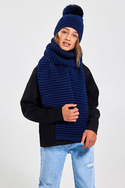 Sentaler Kids (6-14 Years) Ribbed Scarf featured in Baby Alpaca and available in Navy. Seen from front.