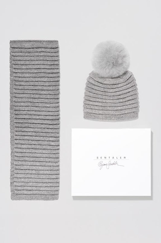Kids Ribbed Hat with Oversized Fur Pompon, Grey