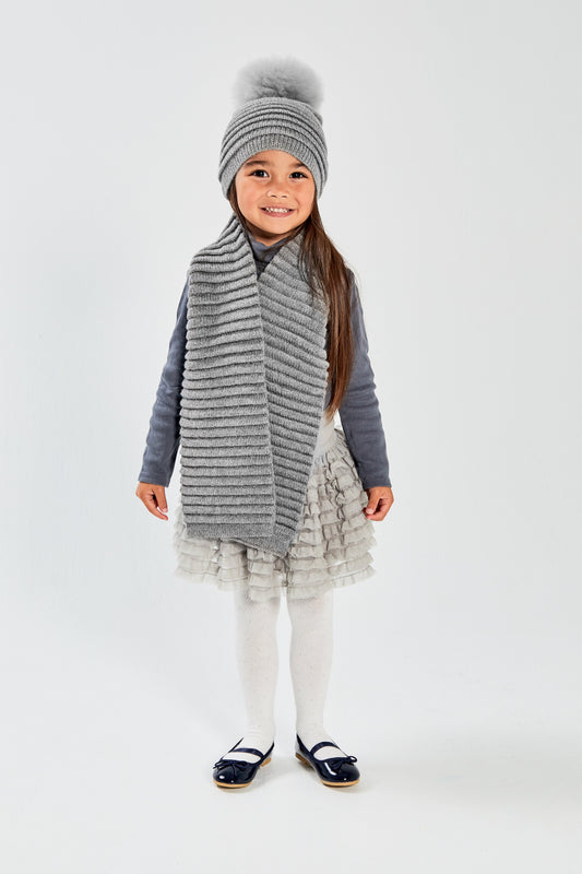 Kids Ribbed Hat with Oversized Fur Pompon, Grey