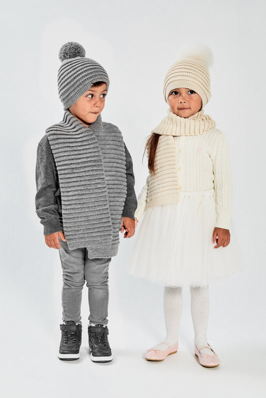 Kids Ribbed Hat with Oversized Knit Pompon, Grey