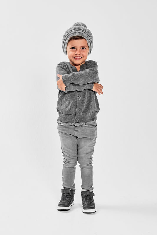 Kids Ribbed Hat with Oversized Knit Pompon, Grey