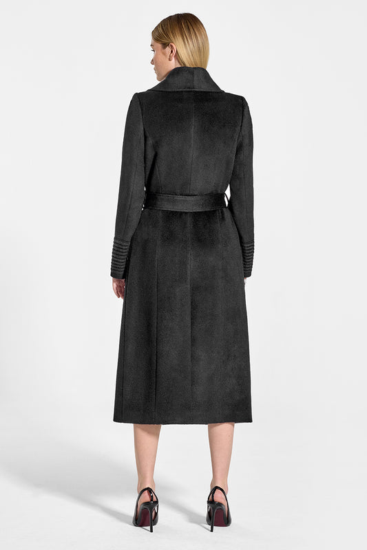Sentaler Long Wide Collar Wrap Coat featured in Baby Alpaca and available in Black. Seen from back on model.