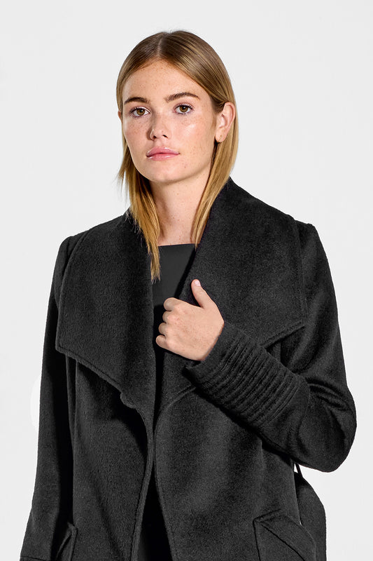 Sentaler Long Wide Collar Wrap Coat featured in Baby Alpaca and available in Black. Seen from front open close up on model.