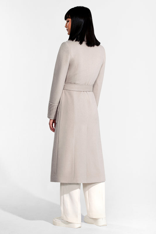 Sentaler Long Wide Collar Wrap Coat featured in Baby Alpaca and available in Bleeker Beige. Seen from back.