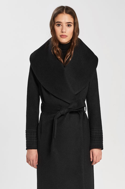 Sentaler Long Wide Shawl Collar Wrap Coat featured in Baby Alpaca and available in Black. Seen from front above the knee.