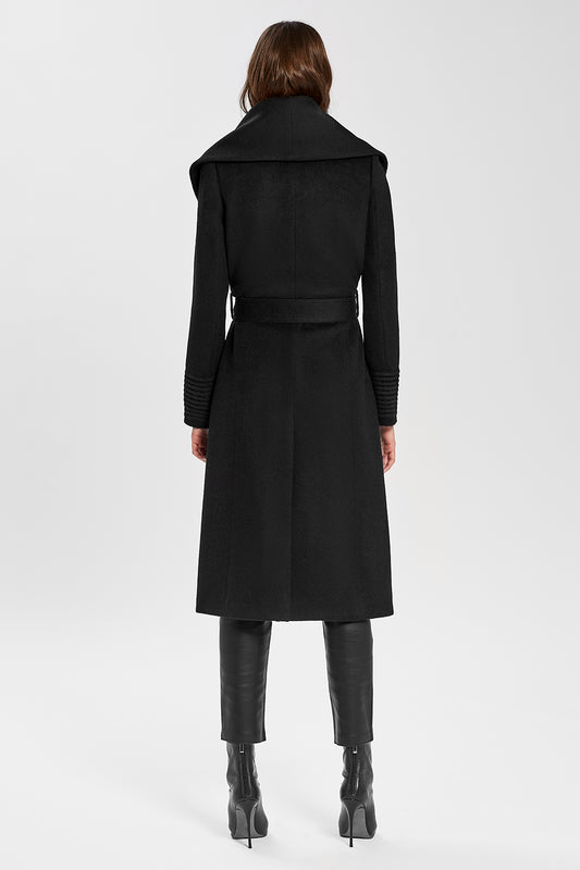Sentaler Long Wide Shawl Collar Wrap Coat featured in Baby Alpaca and available in Black. Seen from back.