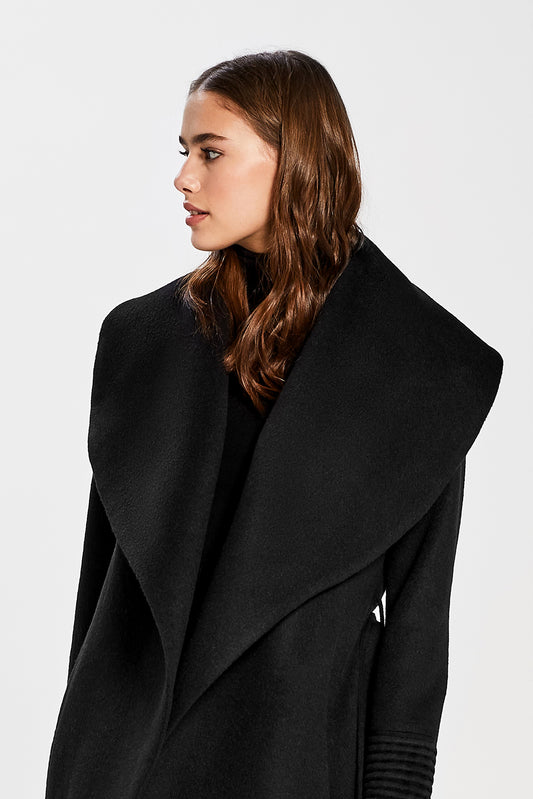 Sentaler Long Wide Shawl Collar Wrap Coat featured in Baby Alpaca and available in Black. Seen from front open close up.