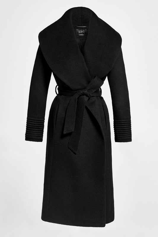 Sentaler Long Wide Shawl Collar Wrap Coat featured in Baby Alpaca and available in Black. Seen off model.