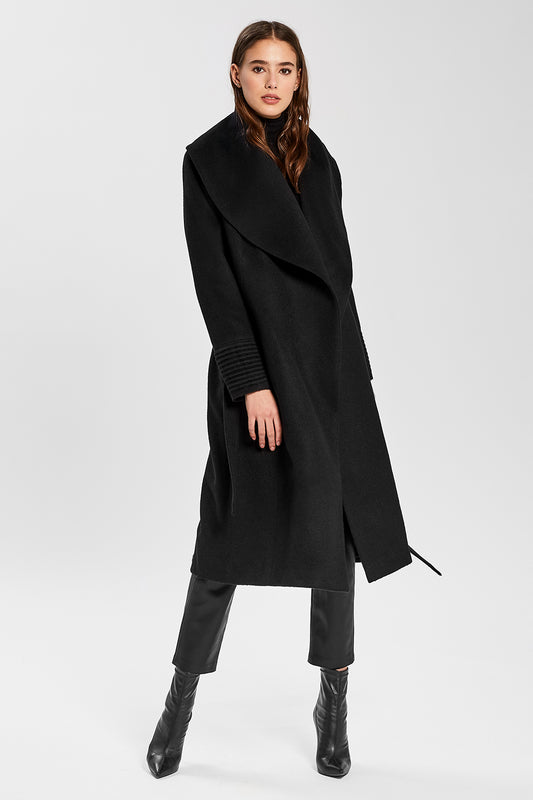 Sentaler Long Wide Shawl Collar Wrap Coat featured in Baby Alpaca and available in Black. Seen open.