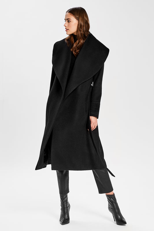 Sentaler Long Wide Shawl Collar Wrap Coat featured in Baby Alpaca and available in Black. Seen open.