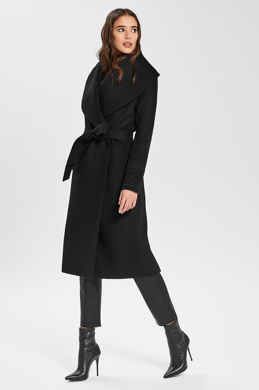 Sentaler Long Wide Shawl Collar Wrap Coat featured in Baby Alpaca and available in Black. Seen from side.