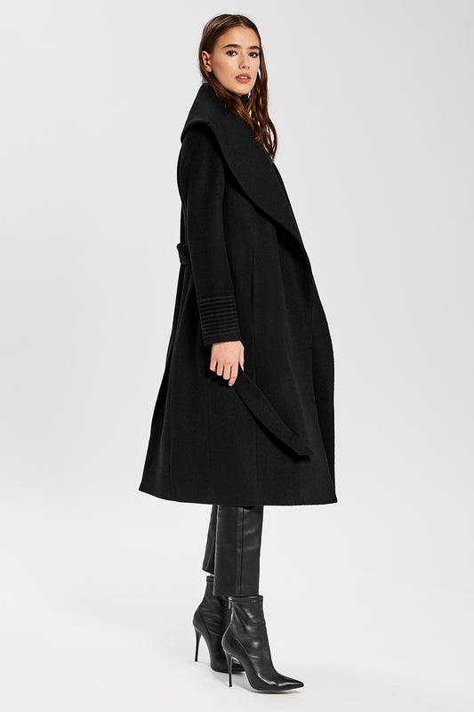 Sentaler Long Wide Shawl Collar Wrap Coat featured in Baby Alpaca and available in Black. Seen from side.