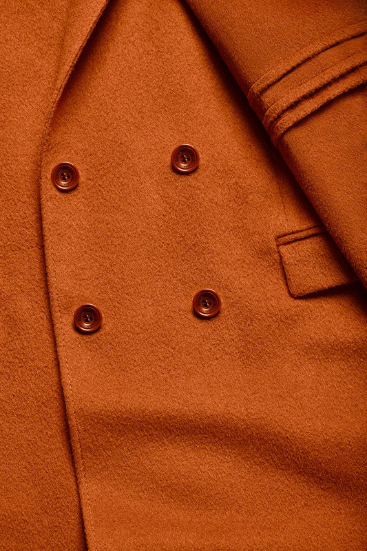Sentaler Technical Baby Alpaca Double Breasted Overcoat featured in Technical Baby Alpaca and available in Burnt Orange. Seen fabric up close.