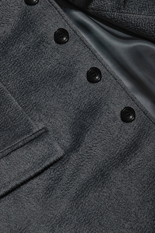 Sentaler Technical Suri Alpaca Notched Lapel Overcoat featured in Technical Suri Alpaca and available in Bold Graphite. Seen fabric up close.