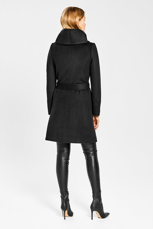 Sentaler Mid Length Hooded Wrap Coat featured in Baby Alpaca and available in Black. Seen from back on model.