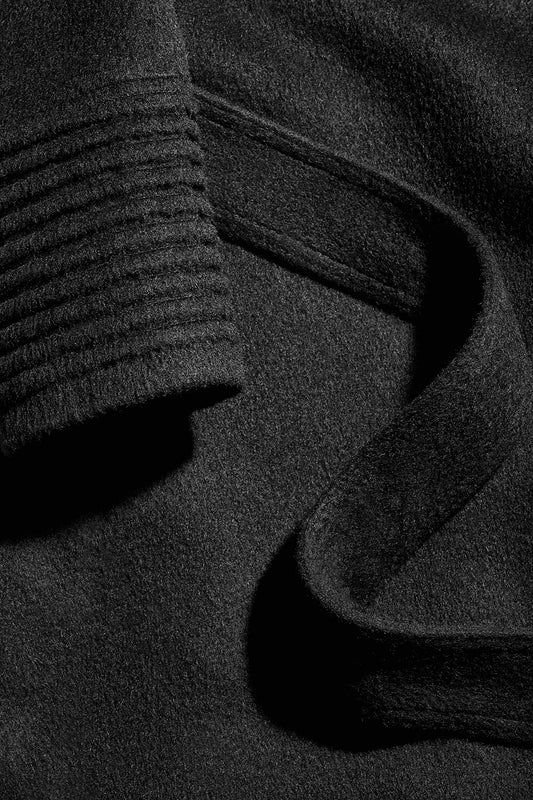 Sentaler Mid Length Hooded Wrap Coat featured in Baby Alpaca and available in Black. Seen as fabric up close.