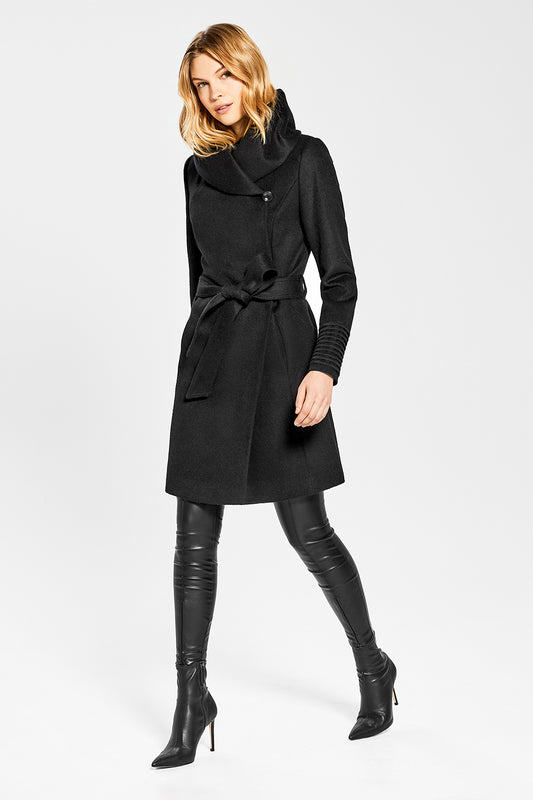 Sentaler Mid Length Hooded Wrap Coat featured in Baby Alpaca and available in Black. Seen from side on model.