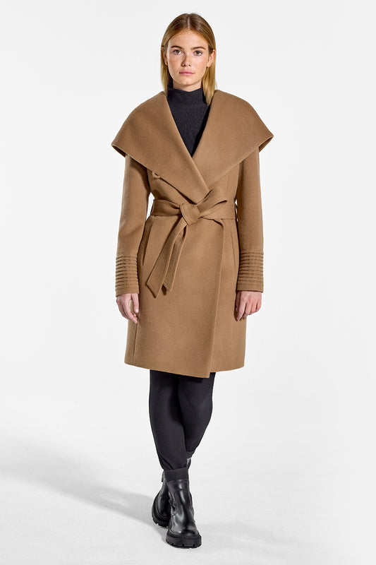 Sentaler Mid Length Hooded Wrap Coat featured in Baby Alpaca and available in Dark Camel. Seen from front on model.