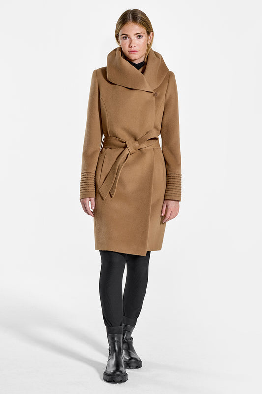 Sentaler Mid Length Hooded Wrap Coat featured in Baby Alpaca and available in Dark Camel. Seen from front on model.