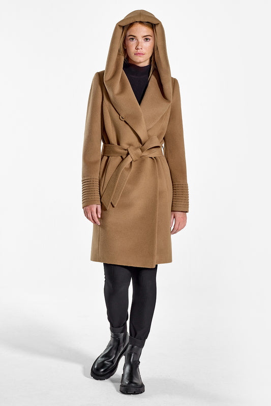 Sentaler Mid Length Hooded Wrap Coat featured in Baby Alpaca and available in Dark Camel. Seen from front with hood on model.