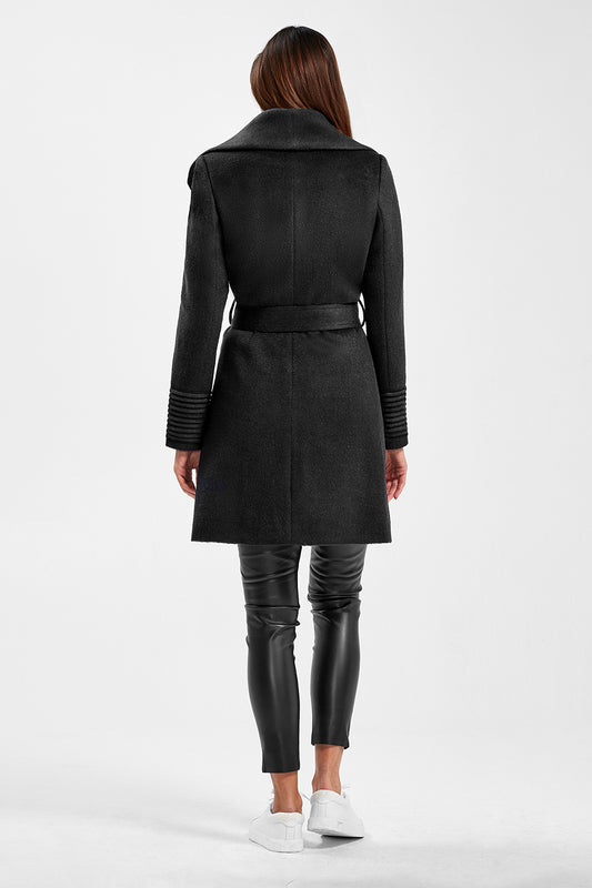 Sentaler Mid Length Shawl Collar Wrap Coat featured in Baby Alpaca and available in Black. Seen from back on model.