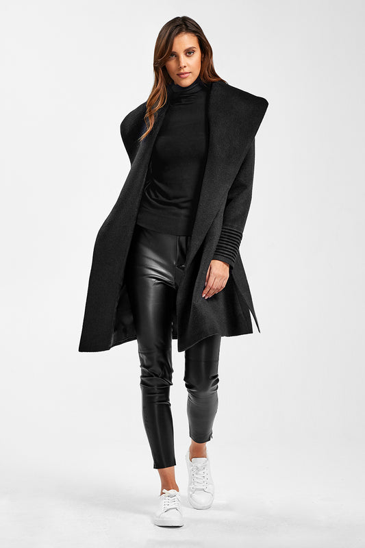 Sentaler Mid Length Shawl Collar Wrap Coat featured in Baby Alpaca and available in Black. Seen from front open on model.