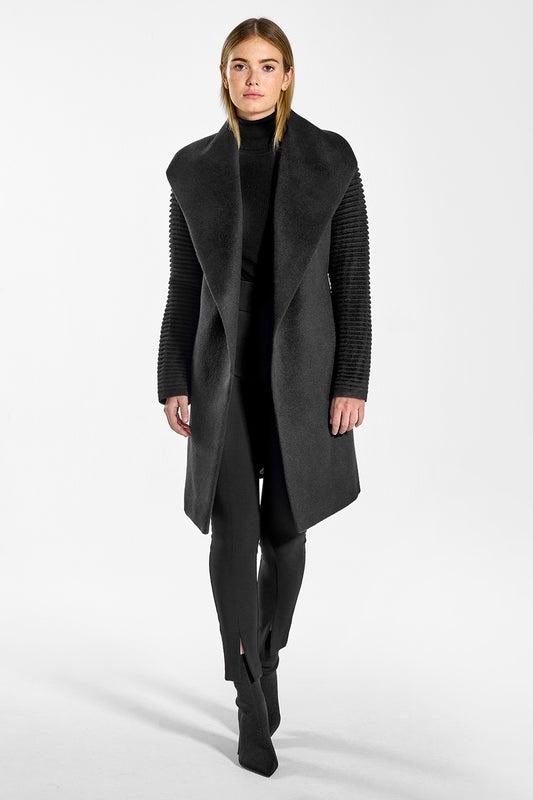 Sentaler Mid Length Shawl Collar Wrap Coat with Ribbed Sleeves featured in Baby Alpaca and available in Black. Seen from front open on mode.
