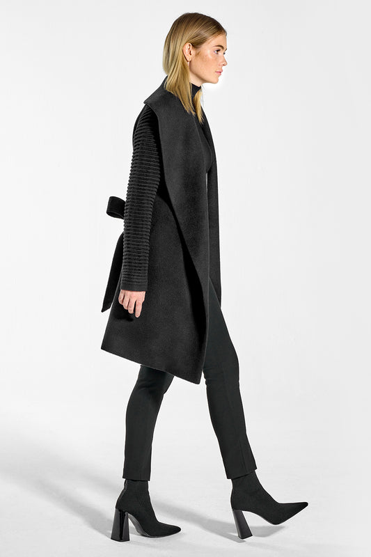 Sentaler Mid Length Shawl Collar Wrap Coat with Ribbed Sleeves featured in Baby Alpaca and available in Black. Seen from side open on mode.