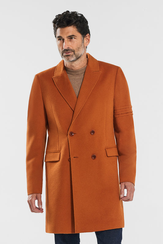 Sentaler Technical Baby Alpaca Double Breasted Overcoat featured in Technical Baby Alpaca and available in Burnt Orange. Seen from front above the knees.