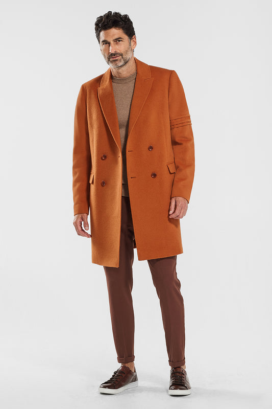 Sentaler Technical Baby Alpaca Double Breasted Overcoat featured in Technical Baby Alpaca and available in Burnt Orange. Seen from front open.