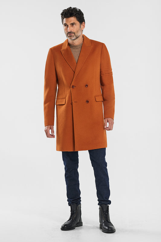 Sentaler Technical Baby Alpaca Double Breasted Overcoat featured in Technical Baby Alpaca and available in Burnt Orange. Seen from front.