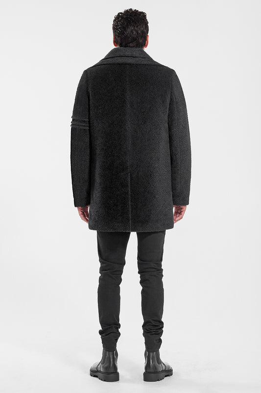 Sentaler Technical Baby Alpaca Notched Lapel Overcoat featured in Technical Baby Alpaca and available in Black. Seen from back.