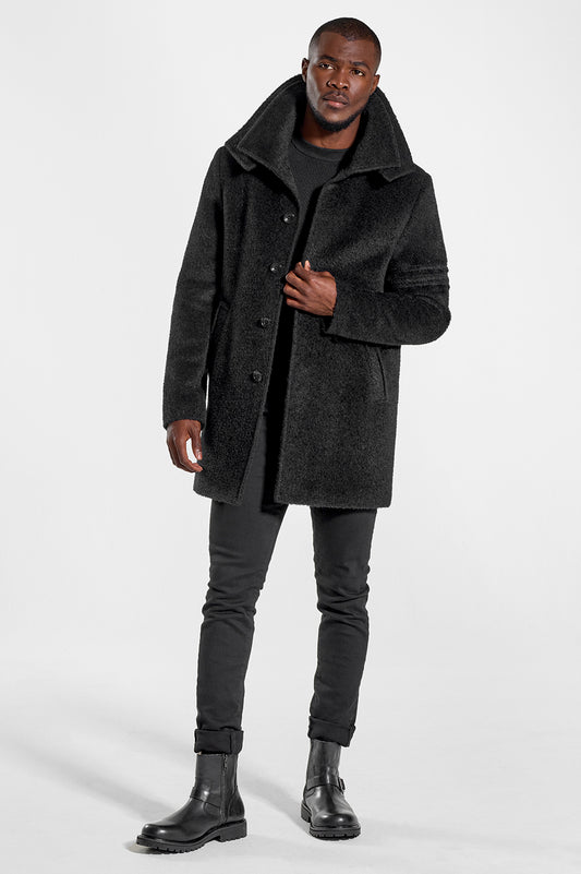 Sentaler Technical Baby Alpaca Notched Lapel Overcoat featured in Technical Baby Alpaca and available in Black. Seen from front open.