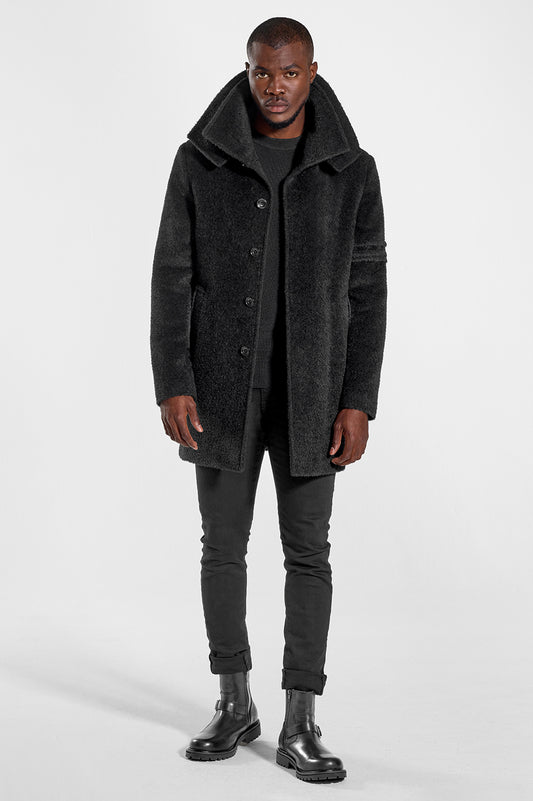 Sentaler Technical Baby Alpaca Notched Lapel Overcoat featured in Technical Baby Alpaca and available in Black. Seen from front open.