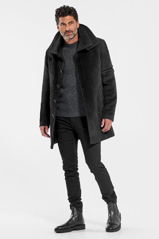 Sentaler Technical Baby Alpaca Notched Lapel Overcoat featured in Technical Baby Alpaca and available in Black. Seen from side open.