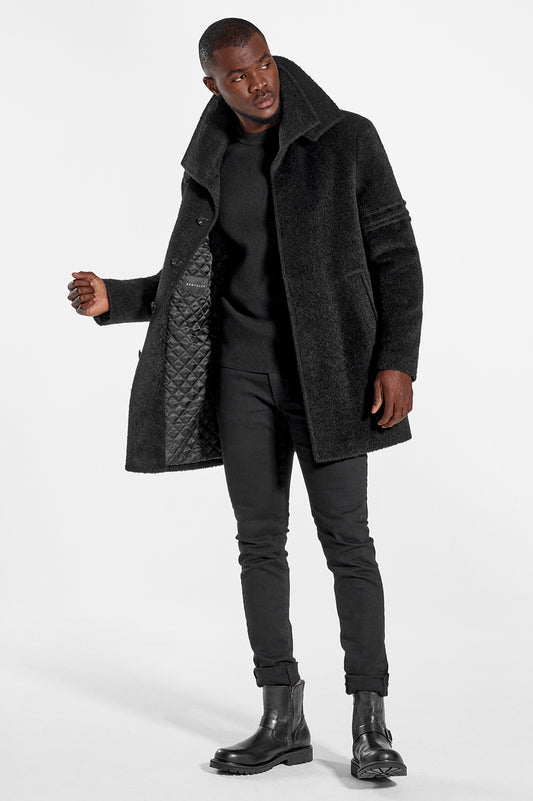 Sentaler Technical Baby Alpaca Notched Lapel Overcoat featured in Technical Baby Alpaca and available in Black. Seen from front open.