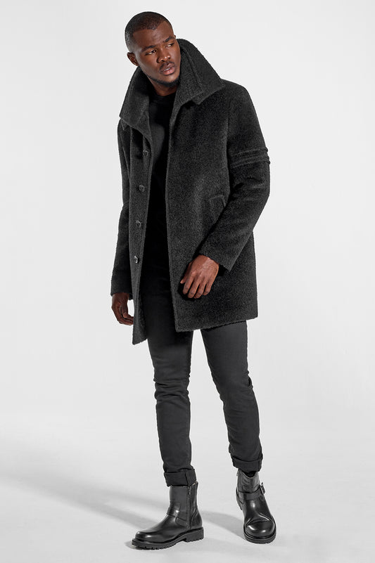 Sentaler Technical Baby Alpaca Notched Lapel Overcoat featured in Technical Baby Alpaca and available in Black. Seen from side open.