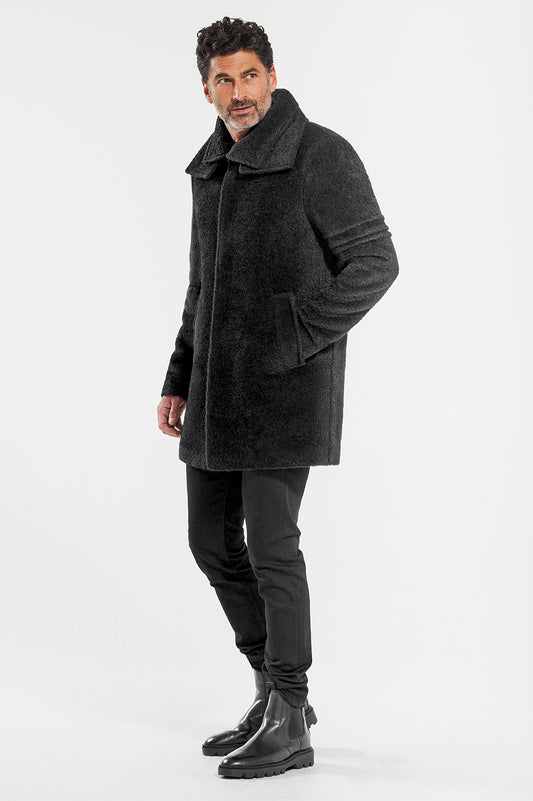 Sentaler Technical Baby Alpaca Notched Lapel Overcoat featured in Technical Baby Alpaca and available in Black. Seen from side.