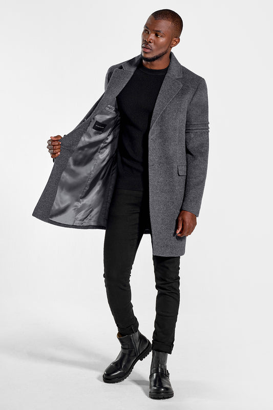 Sentaler Technical Baby Alpaca Notched Lapel Overcoat featured in Technical Baby Alpaca and available in Gravity Grey. Seen from front open.