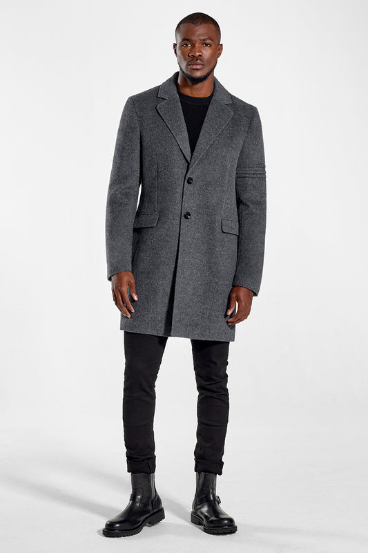 Sentaler Technical Baby Alpaca Notched Lapel Overcoat featured in Technical Baby Alpaca and available in Gravity Grey. Seen from front.