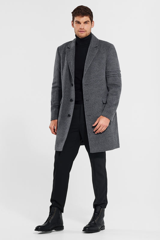 Sentaler Technical Baby Alpaca Notched Lapel Overcoat featured in Technical Baby Alpaca and available in Gravity Grey. Seen from front open.